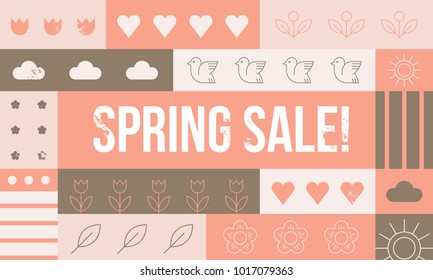 Spring sale colored background.Banner with linear symbols. Vector illustration.