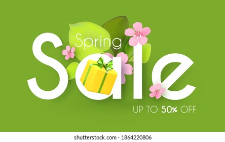 Spring sale colorful banner with flowers.