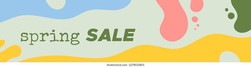Spring sale colorful horizontal banner. Abstract organic shapes background. For newsletter, web header, social media post and advertising. Vector illustration, flat design