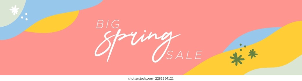 Spring sale colorful horizontal banner. Abstract organic shapes background. For newsletter, web header, social media post and advertising. Vector illustration, flat design