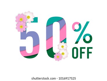 Spring sale colorful paper cut background with beautiful flower,fifty percent off,vector illustration template, banners, Wallpaper, invitation, posters, brochure, voucher discount.