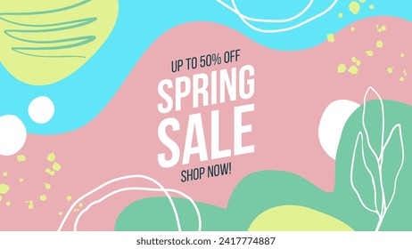 Spring Sale Commercial Background. Springtime season sale promotional banner. Hand drawn abstract elements. Vector illustration.