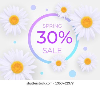 Spring Sale composition with realistic daisy, camomile flowers on white background. 30 percent discount in round frame. Vector realistic field chamomiles