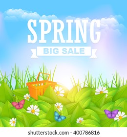 Spring Sale Concept Ad Background, Natural Landscape Illustration, Vector Web Banner Design