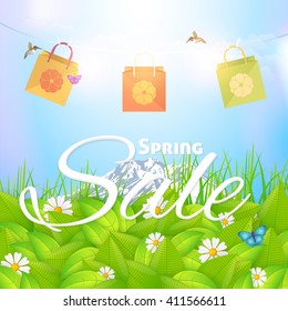 Spring Sale Concept Ad Background, Natural Landscape and Hanging Shopping Bag Illustration, Vector Web Banner Design