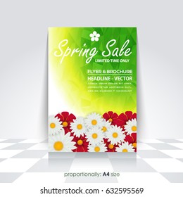 Spring Sale Concept Ad, Flowers Elements Illustration, A4 Style Flyer, Poster, Vector Brochure Cover Template