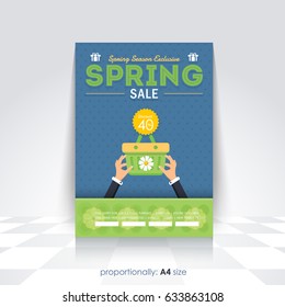 Spring Sale Concept Ad, Flowers Elements Illustration, A4 Style Flyer, Poster, Vector Brochure Cover Template
