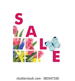 Spring sale Concept. Spring background with Blooming spring  flowers,  pink  tulips, Narcissus,  Muscari ,with butterflies. Template Vector.