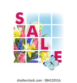 Spring sale Concept. Spring background with Blooming spring flowers, pink tulips,  Template Vector.