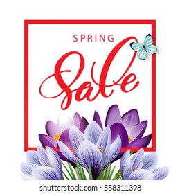 Spring  sale Concept. Spring background with Blooming spring flowers,  crocuses and butterflies. Template Vector.