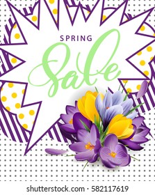 Spring sale concept. Spring background with flowering crocuses.Template vector. 