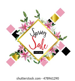 Spring sale Concept. Spring background with lily flowers. Template Vector.