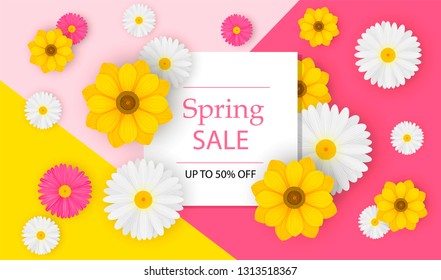 Spring sale concept background. Vector illustration. Realistic daisies and sunflowers with white square paper frame. Banner or greeting card - Vector