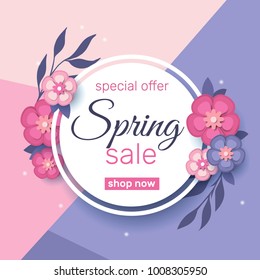 Spring Sale Concept Banner And Promotion Elements. Vector Illustration With Realistic Papercut Flowers.