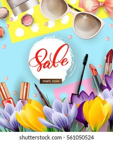 Spring sale concept. Cosmetics and fashion background with make up artist objects: lipstick, mascara, eyeliner, with flowering crocuses.Template vector.
