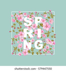 Spring sale concept. Elegant card with blooming sakura flowers isolated over blue background. Vector illustration.