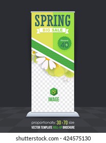 Spring Sale Concept Hanging Flowers, Roll-Up Banner Design, Advertising Vector Template 