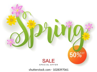 Spring sale Concept with with realistic of beautiful tropical flowers on background color. Vector Eps.10