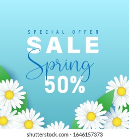 Spring sale concept. Summer background with chamomile and delicate blue background. Template for banners, web, flyer, voucher. Vector illustration.