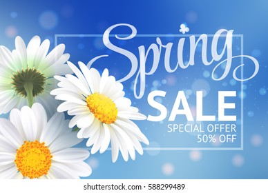 Spring sale concept. Summer background with chamomile and blue sky background. Template for banners, web, flyer, voucher. Vector illustration.