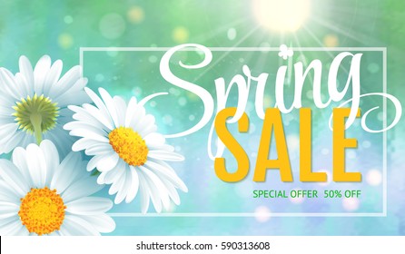 Spring Sale Concept. Summer Background With Chamomile And Delicate Green Background. Template For Banners, Web, Flyer, Voucher. Vector Illustration.