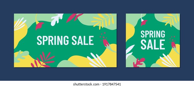 Spring sale concept. Vector web banners for sale, new collection, events, invitation, online ads, smm posts. Templates with floral elements and abstract shapes in bright colors.