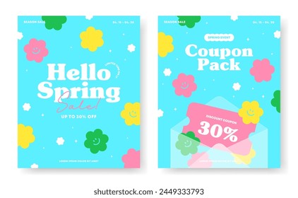 Frühlingsverkauf Coupon Hintergrund. Rabatt-Promotion-Vorlage für Social Media, niedliche Banner-Design, Web-Anzeigen. Schönes Blumenposter. Trendiger Retro-Cartoon-Stil. Gute Stimmung. Flache Vektorillustration.