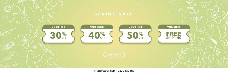 Spring Sale Coupon Giveaway Template Layout design. 30% to 50% discount and free shipping.  Sspring colors and framed with white hand drawn spring elements, leaves, flowers, petals, branch. EPS 10