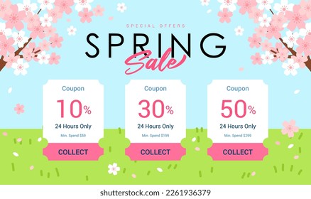 Spring Sale coupon template, Cherry Blossoms tree branch background vector illustration. Spring promotion