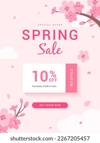 Spring Sale coupon template poster vector design. Cherry Blossoms branch on pink background 