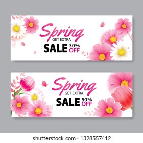 Spring sale cover banner with blooming flowers background template. Design for advertising, flyers, posters, brochure, invitation, voucher discount.