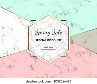 Spring sale cover geometric design with marble texture and gold glitter lines, green and pink colors background. Template for design invitation, card, banner, wedding, baby shower, placard, poster
