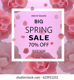 Spring sale cover on a camellia flowers background. Vector stock.