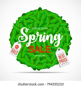 Spring Sale Cute Background with Green Leaves. Vector Illustration EPS10