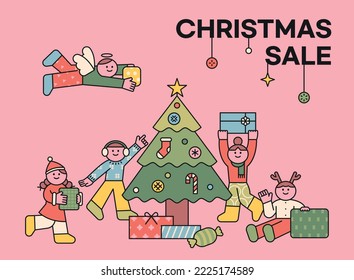 spring sale. Cute children decorating the Christmas tree and children opening gift boxes around them. outline simple vector illustration.