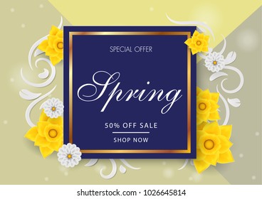 Spring sale dark blue background with yellow and white flower. Vector illustration.banners.Wallpaper.beautiful, invitation, posters, brochure, discount.paper art and craft style.