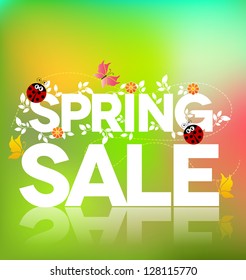 Spring sale design. Beautiful colorful illustration, green leaves, ladybugs and butterflies. Bold and bright.