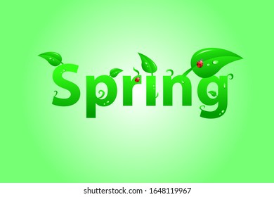 Spring sale design. Beautiful colorful illustration, green leaves, ladybugs. Bold and bright.