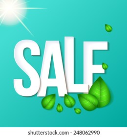 Spring sale design. Beautiful colorful illustration, green leaves. Vector illustration