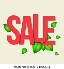 Spring sale design. Beautiful colorful illustration, green leaves. Vector illustration