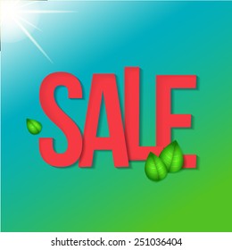 Spring sale design. Beautiful colorful illustration, green leaves. Vector illustration