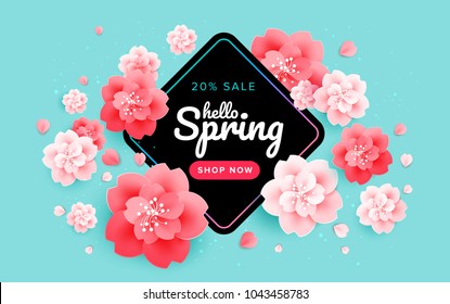 Spring sale design with beautiful flowers - cherry blossom on green background - vector banner, poster, website illustration, email header template