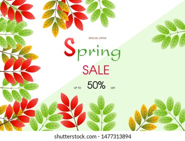 Spring sale design. Can be used for flyers, banners or posters. Vector illustration with colorful spring leaves