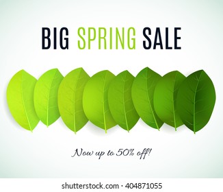 Spring SALE design. Can be used for flyers, banners or posters. Vector illustration with green spring leaves 