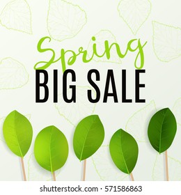 Spring SALE design. Can be used for flyers, banners or posters. Vector illustration with green spring leaves 