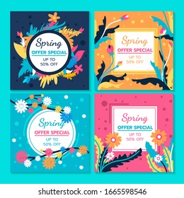 Spring sale design collection banner with floral. Special offer social media graphics.