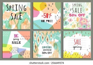 Spring sale design. Collection of six hand drawn unusual posters. Beautiful freehand colorful illustration