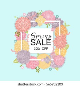 Spring Sale Design with Colorful Flowers and Frame. Bright Background for Spring Seasonal Promotion.  