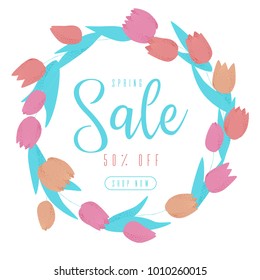 Spring sale design with flowers, vector tulips