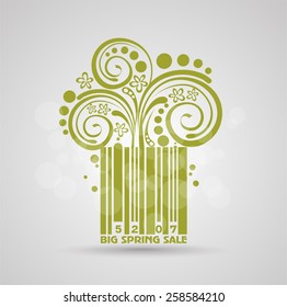 Spring sale design. Green stroke code. Fresh discounts. Beautiful colorful illustration with green leaves and flowers.
